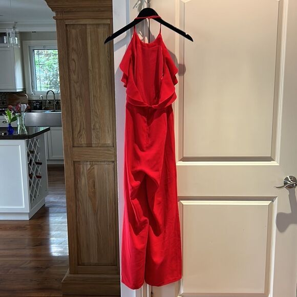 Intermix red ruffle neck halter jumpsuit large - Picture 10 of 12
